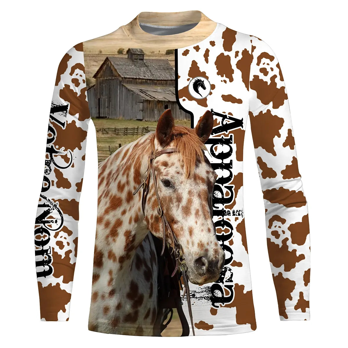 T-shirt cheval Appaloosa all-over fond peau de vache motif Appaloosa moucheté cavalier prénom personnalisé