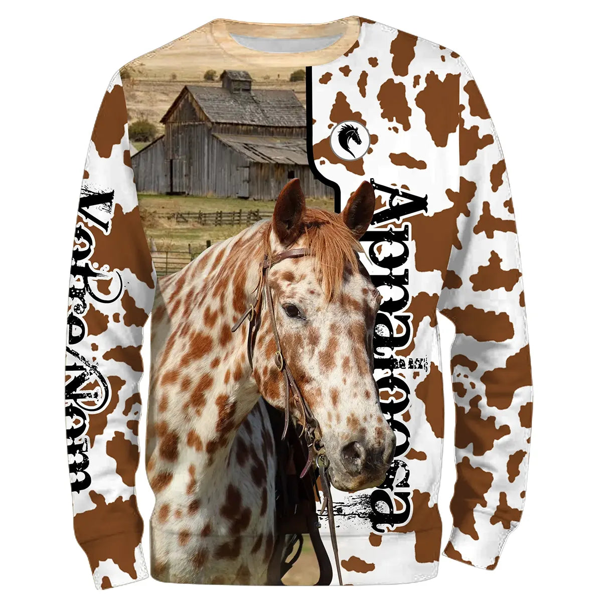 Sweat cavalier Appaloosa all-over fond peau de vache motif Appaloosa moucheté race américaine prénom personnalisé