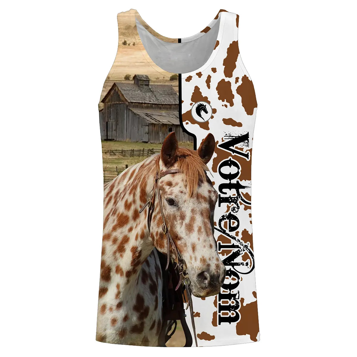 Hoodie cheval Appaloosa all-over fond peau vache marron motif Appaloosa moucheté blanc alezan prénom personnalisé