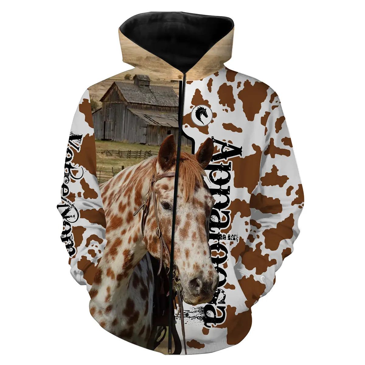 Sweat amoureux Appaloosa all-over fond peau de vache motif Appaloosa moucheté blanc alezan cavalier prénom personnalisé