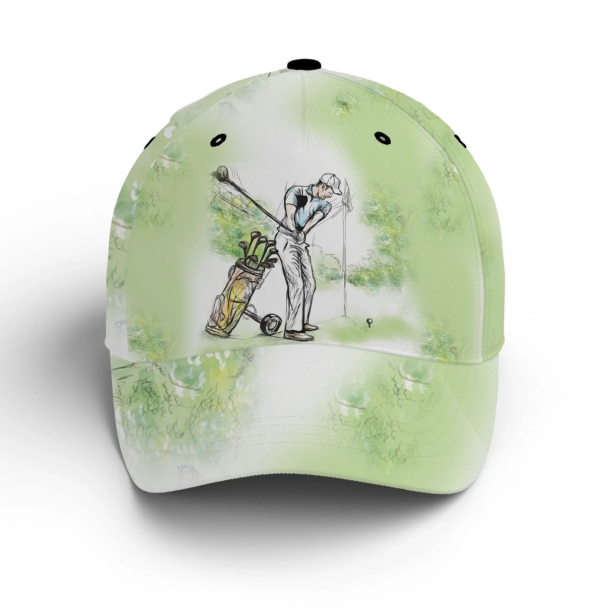 Casquette golf vert tendre blanc cassé GOLF aquarelle moderne unisexe parcours