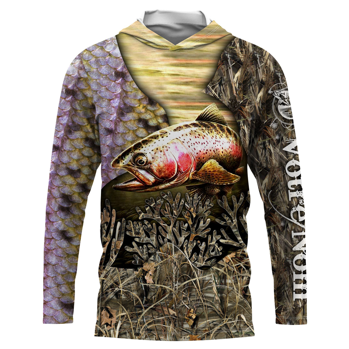 Sweat UV à capuche pêche truite arc-en-ciel camouflage écailles violet doré prénom personnalisé, vue de face