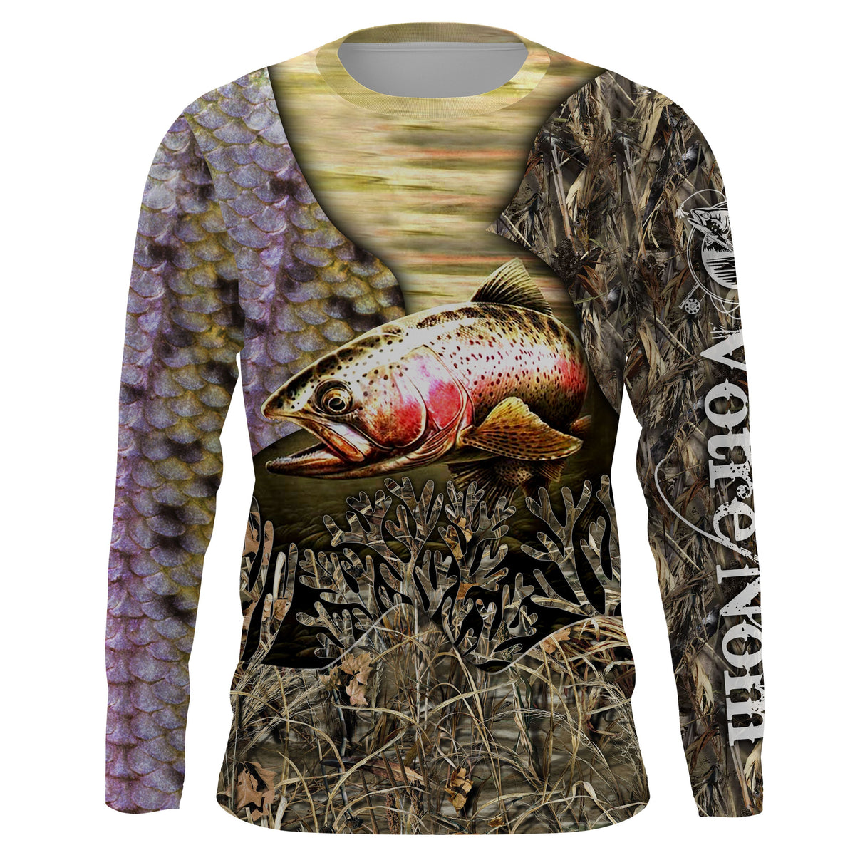 Maillot UV manches longues pêche truite arc-en-ciel camouflage écailles prénom personnalisé