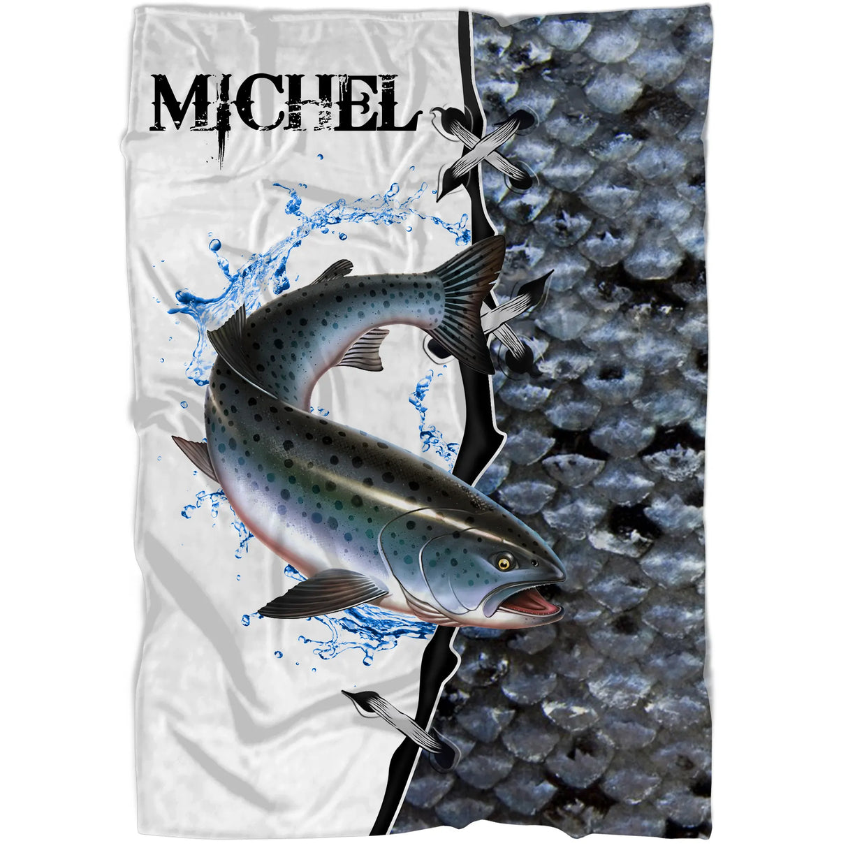 Plaid pêche saumon vue d intérieur, prénom imprimé et illustration salmonidé en saut, cadeau saumonier personnalisé