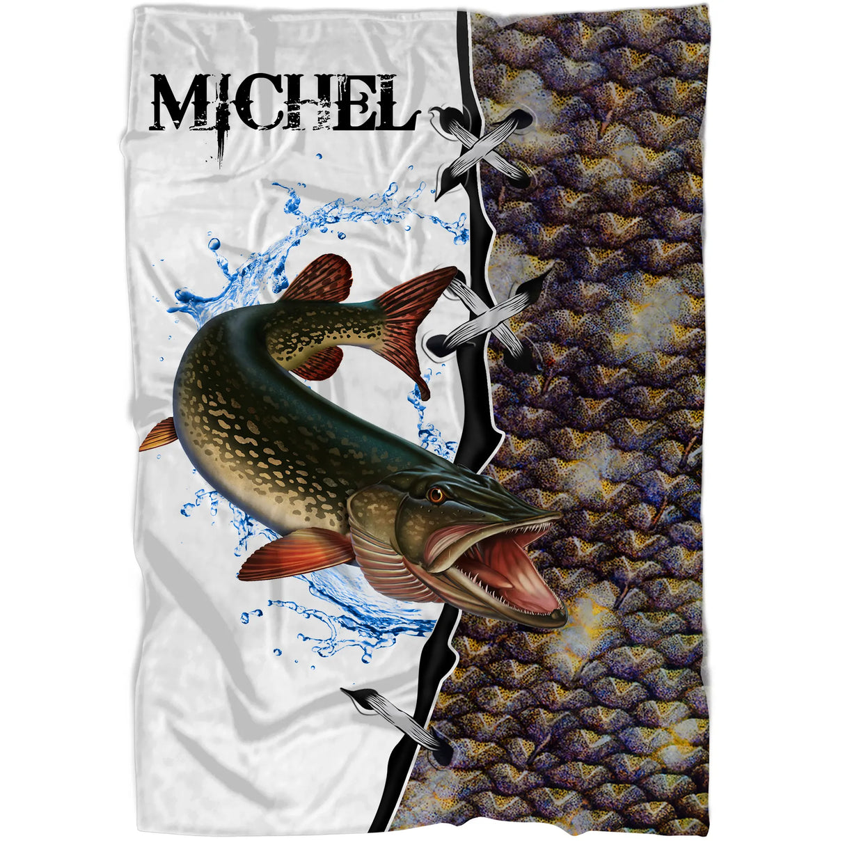 Plaid pêche brochet vue d intérieur, prénom imprimé et illustration esox en saut, cadeau brocheteur personnalisé
