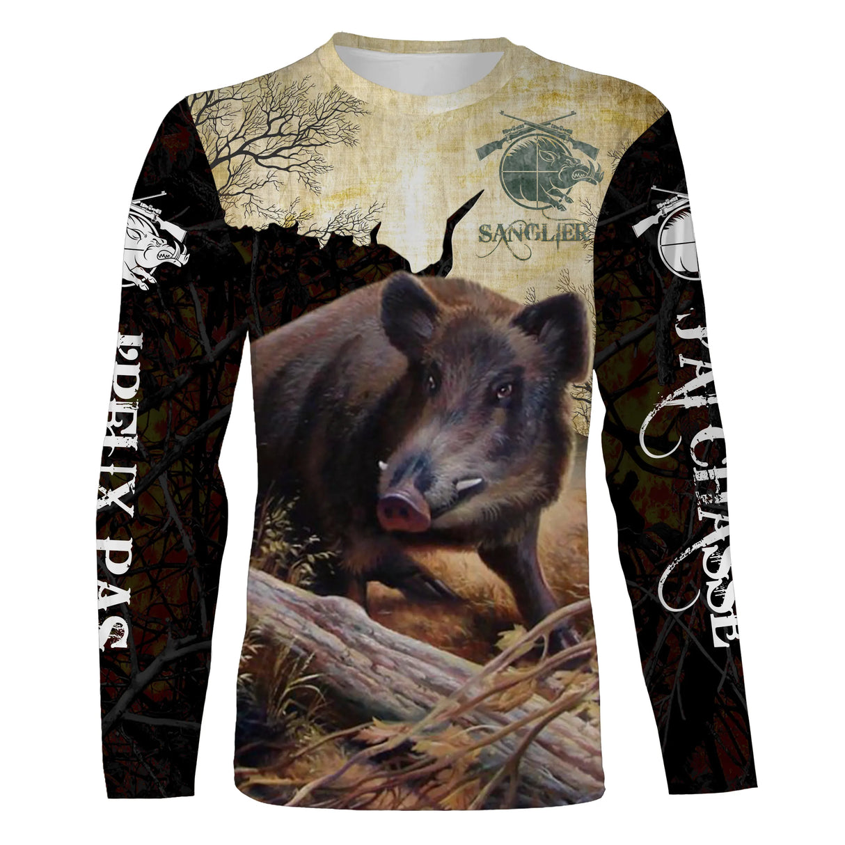 T-shirt manches longues chasse sanglier camouflage forêt nocturne, coupe unisexe humour chasseur