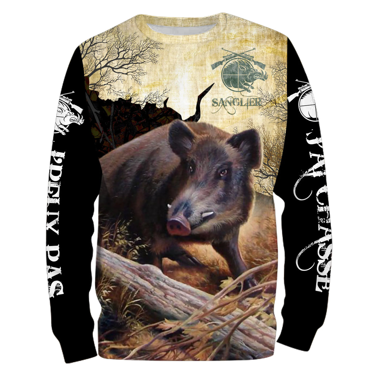 Sweat à capuche chasse sanglier camouflage forêt brun foncé, motif sanglier pour chasseur grand gibier