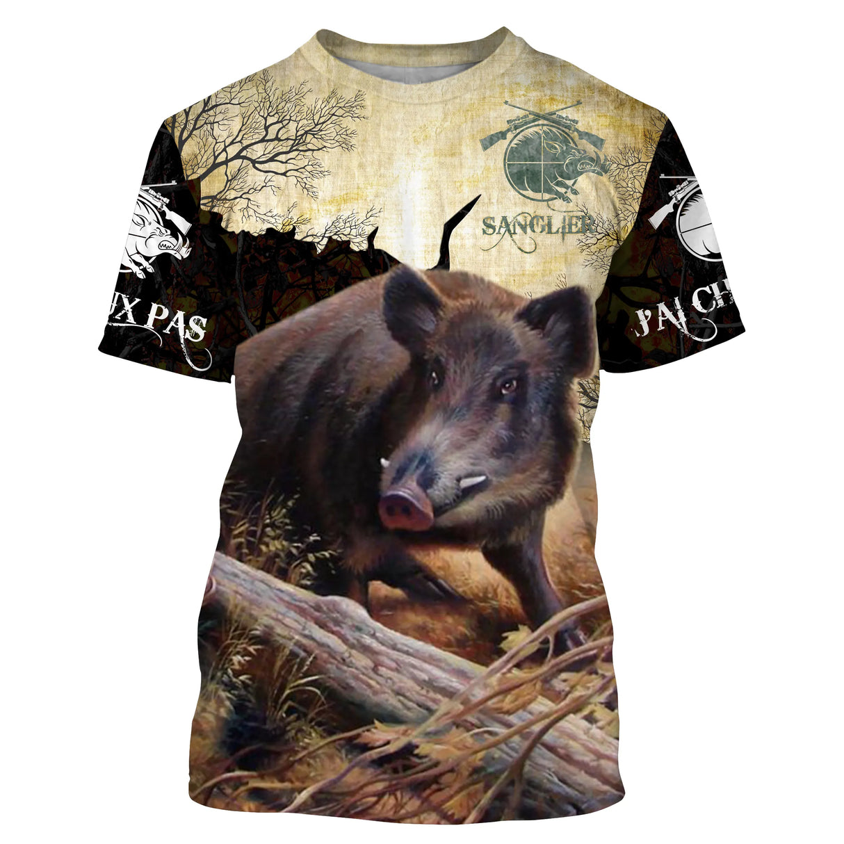 T-shirt chasse sanglier camouflage marron foncé avec sanglier sur souche et lettrage J'peux pas j'ai chasse