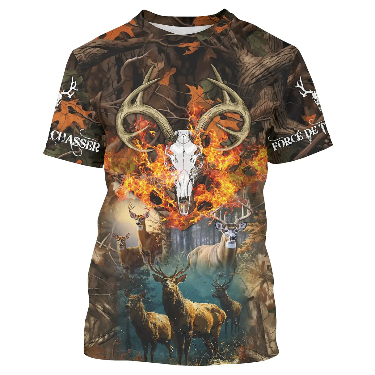 T-shirt chasse cerf humour camouflage automne avec crâne de cerf en flammes et slogan Né pour chasser forcé de travailler