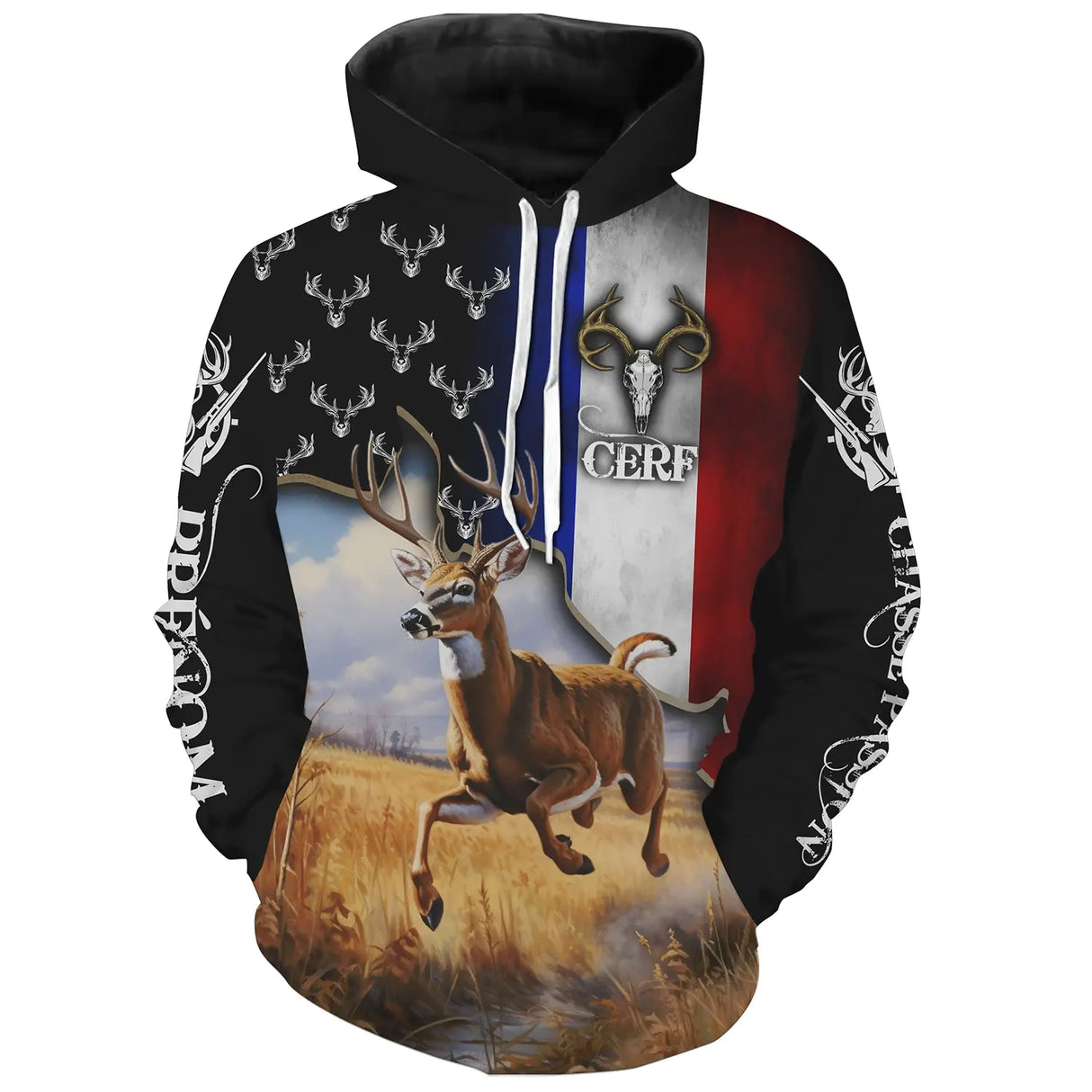 Sweat à capuche chasse cerf France, drapeau tricolore et cerf au galop, vêtement chaud pour chasseur au brame