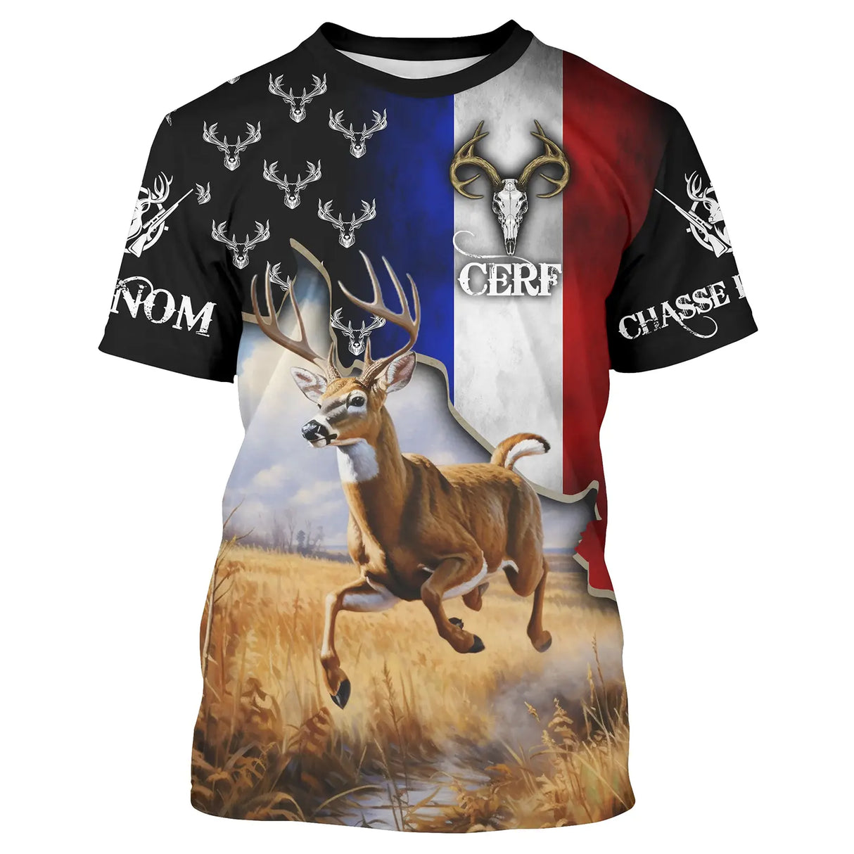 T-shirt chasse cerf drapeau France central avec cerf à grand bois en course et crâne de cerf en bandeau, prénom imprimé