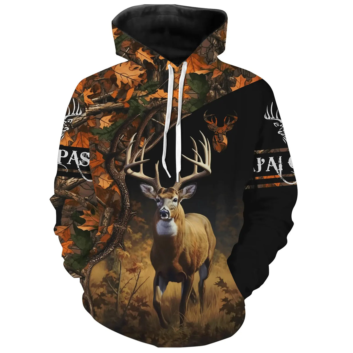 T-shirt chasse cerf camouflage orange et noir, motif feuillages automne pour chasseur au brame