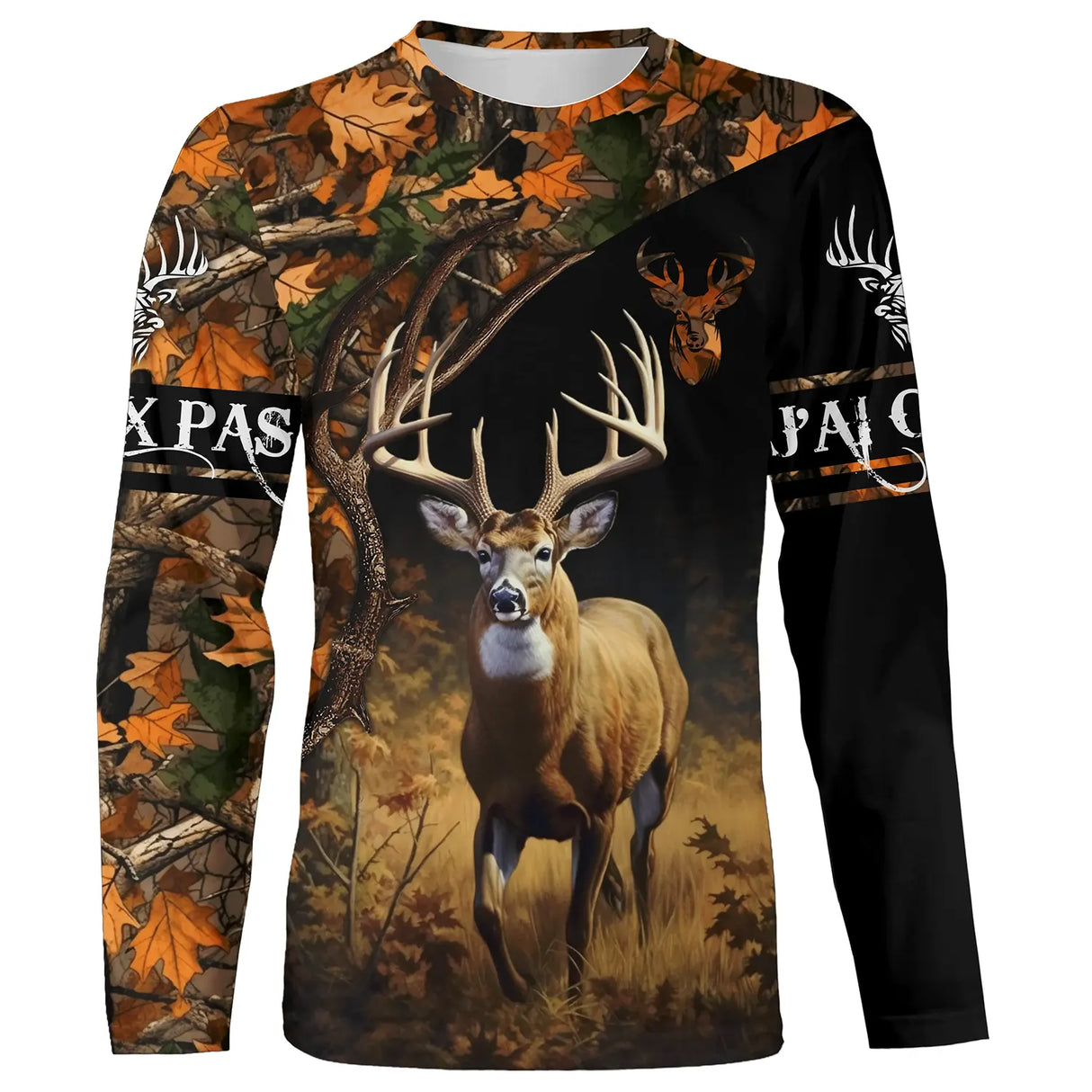 Sweat chasse cerf vue de face camouflage automnal, coupe unisexe humour chasseur grande faune