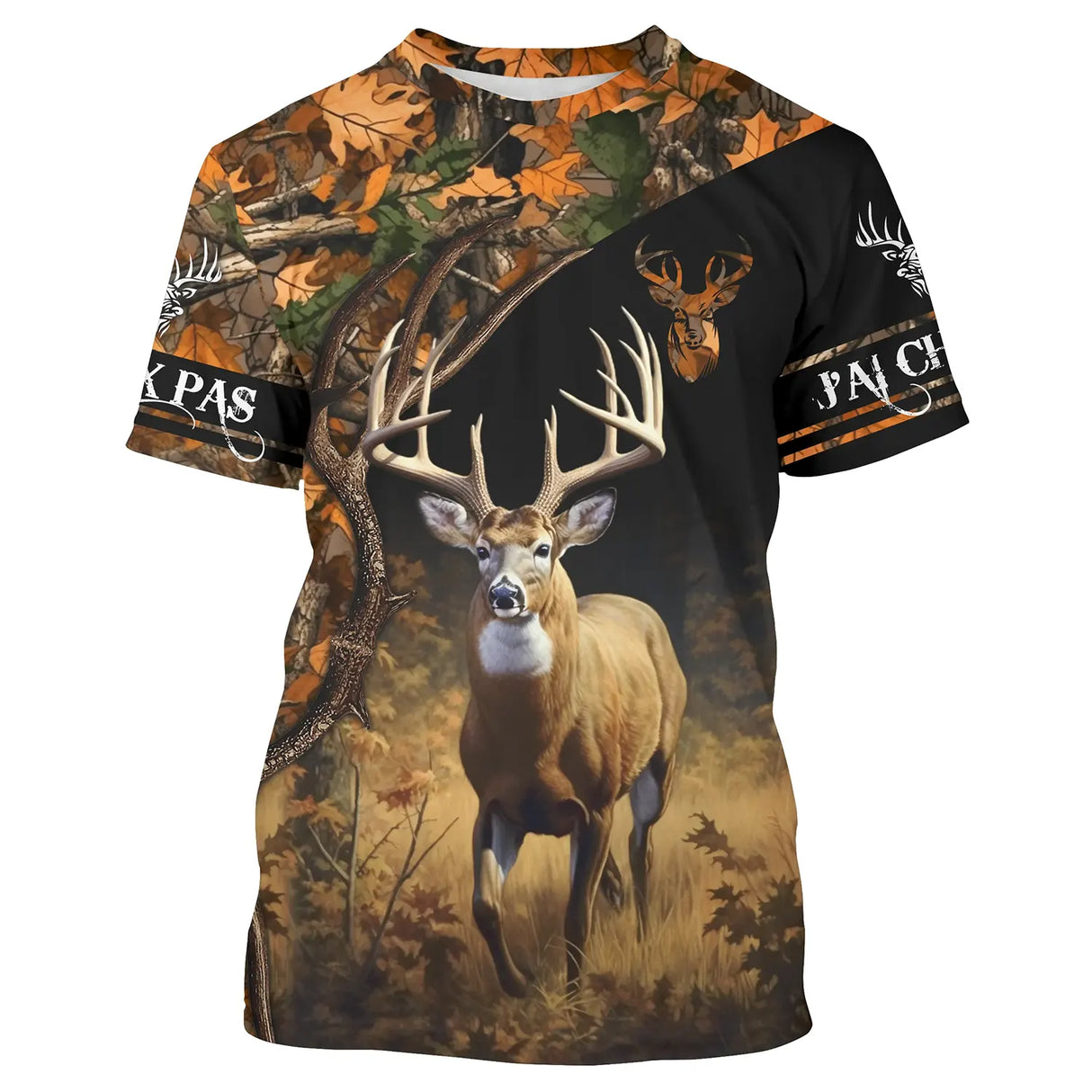 Sweat à capuche chasse cerf camouflage orange flamboyant avec grand cerf et lettrage J'peux pas j'ai chasse