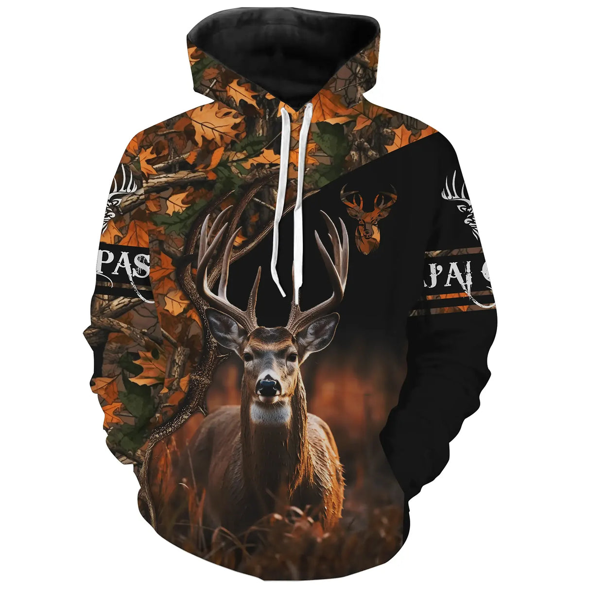 Sweat à capuche chasse cerf camouflage orange fluo, motif cerf et feuillages pour chasseur au brame
