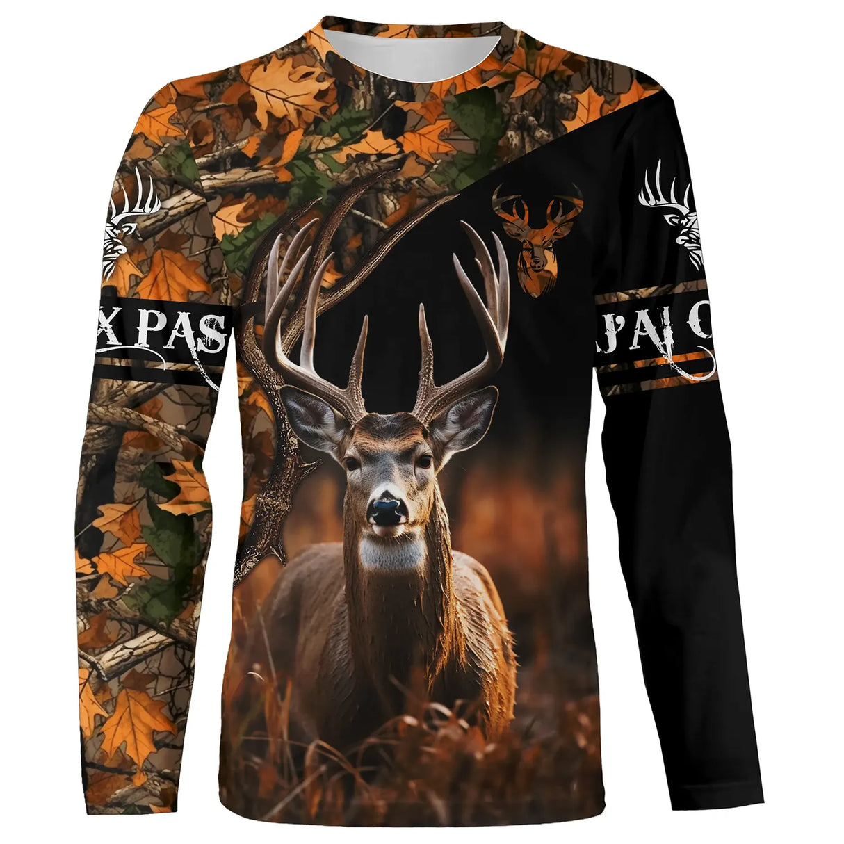 T-shirt chasse cerf camouflage fluo vue de face design all-over, coupe unisexe sécurité battue