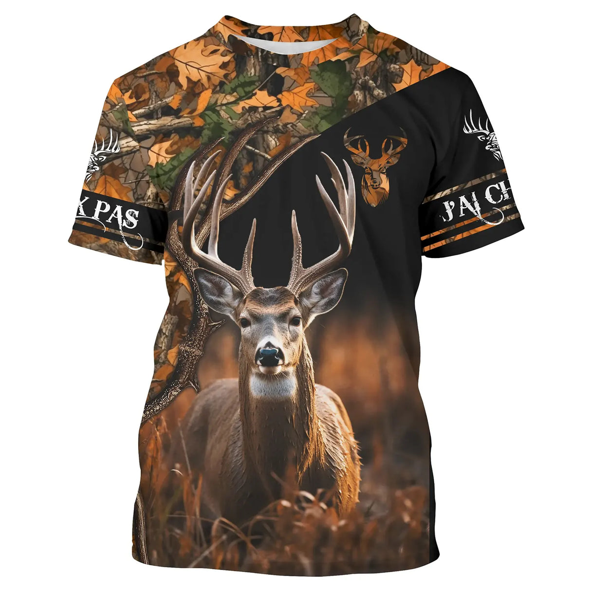 T-shirt chasse cerf camouflage orange fluo avec grand cerf au brame et lettrage J'peux pas j'ai chasse