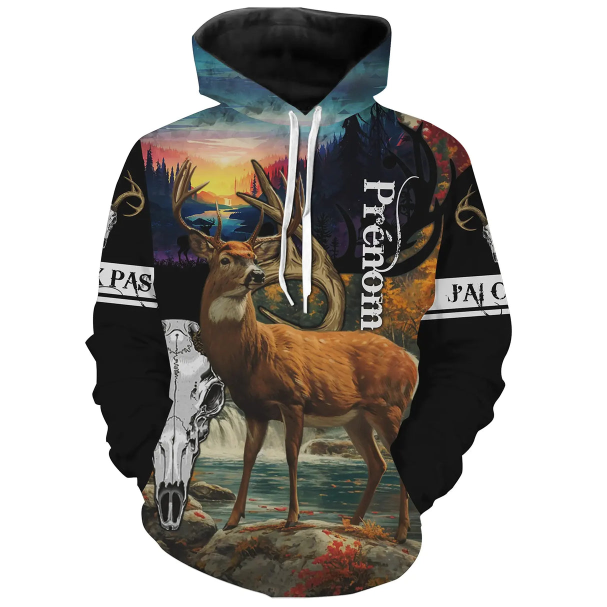 Sweat à capuche chasse cerf coucher soleil violet orangé pour chasseur au brame, marquage prénom intégré