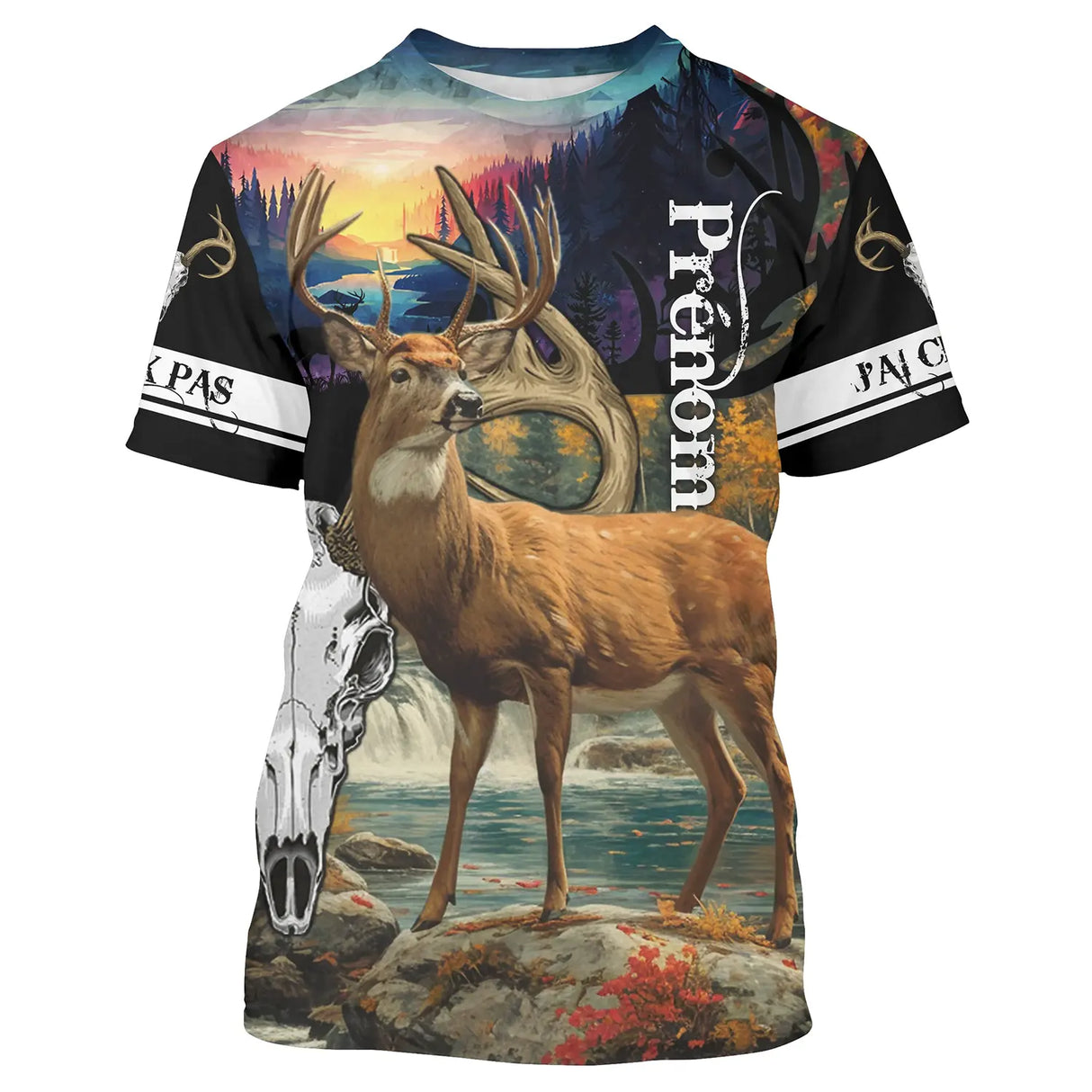 T-shirt chasse cerf coucher de soleil noir orangé violet avec cerf à grand bois et crâne en bandeau, prénom imprimé central