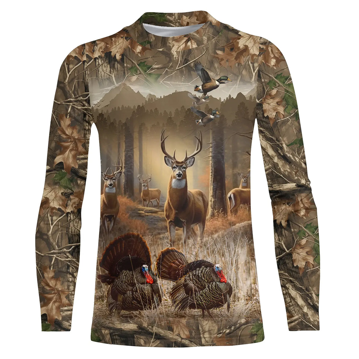 T-shirt all-over chasse cerf ramure complète et dindons sauvages camouflage vue dos