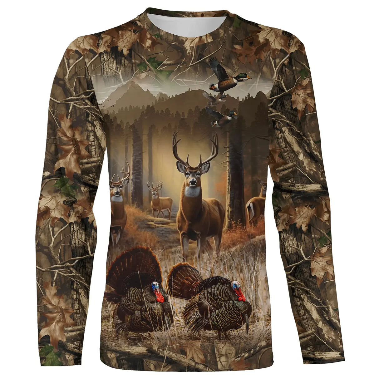 T-shirt manches longues all-over chasse cerf et dindon sauvage camouflage forêt