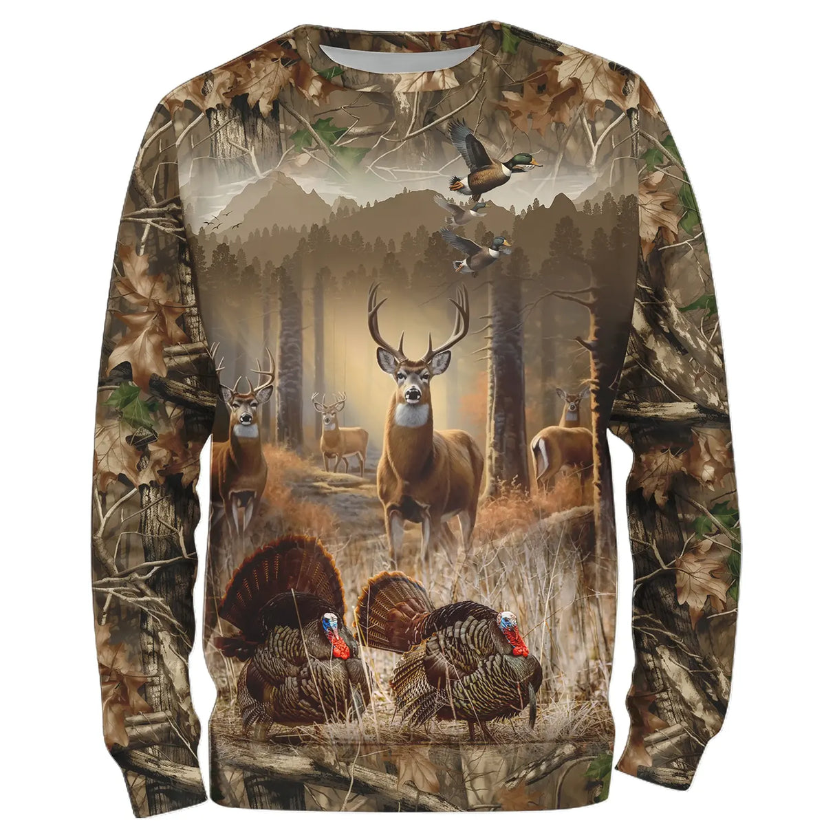 Sweater all-over chasse cerf et dindon sauvage camouflage forêt automne