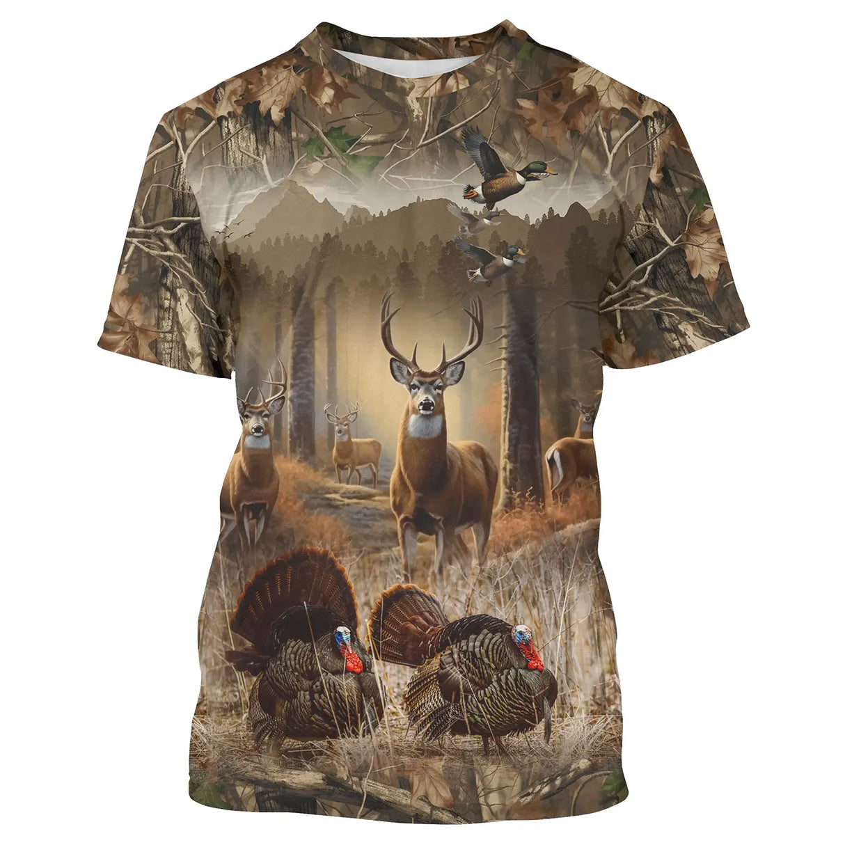 T-shirt all-over chasse cerf ramure et trio dindons sauvages camouflage forêt automne, vue de face