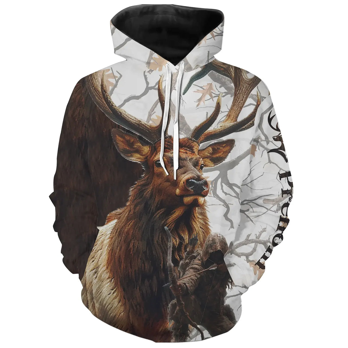 Sweat capuche chasse cerf all-over camouflage neige motif cerf majestueux aux bois imposants prénom personnalisé