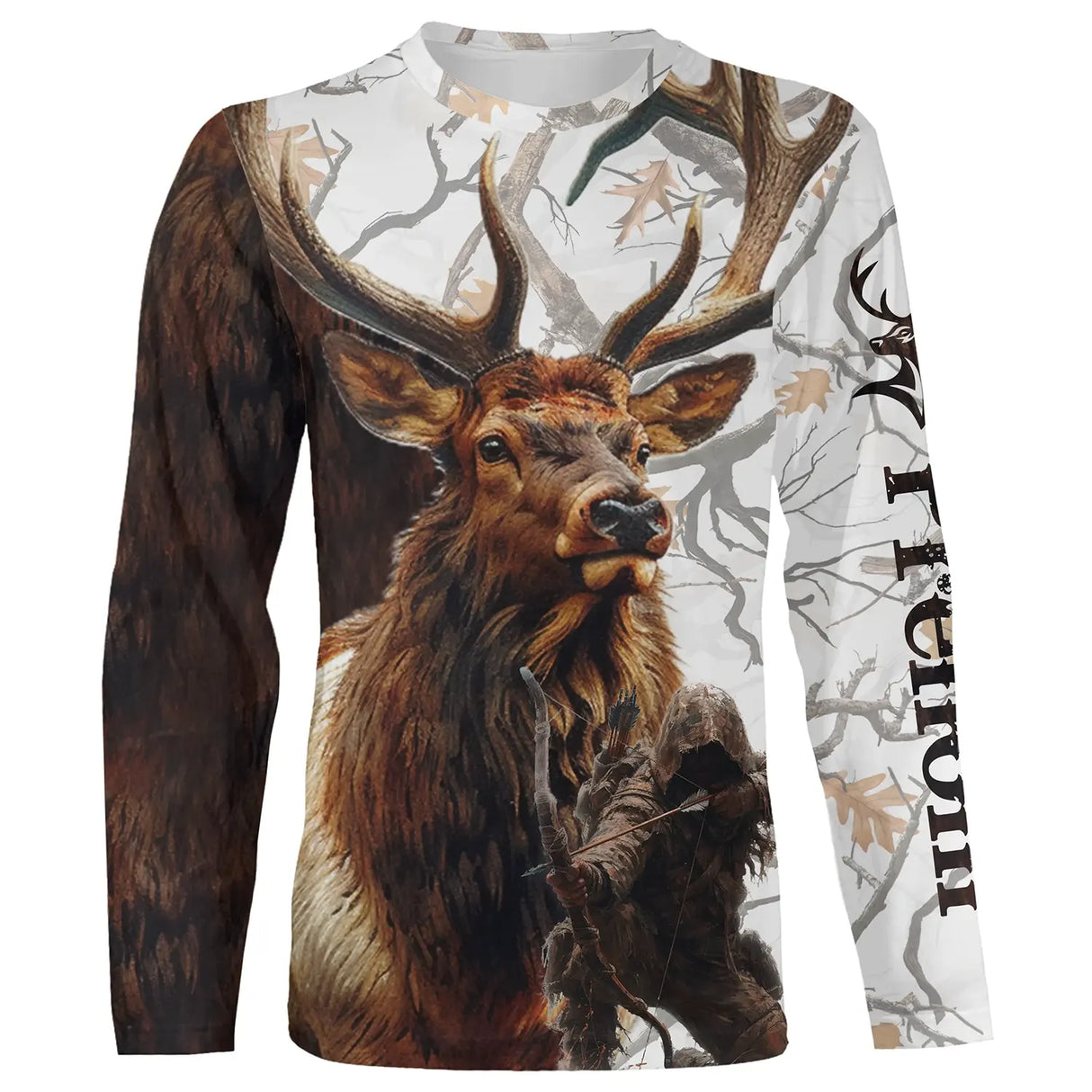 Sweat zippé chasse cerf all-over camouflage neige forêt enneigée motif cerf majestueux cynégétique hiver prénom personnalisé