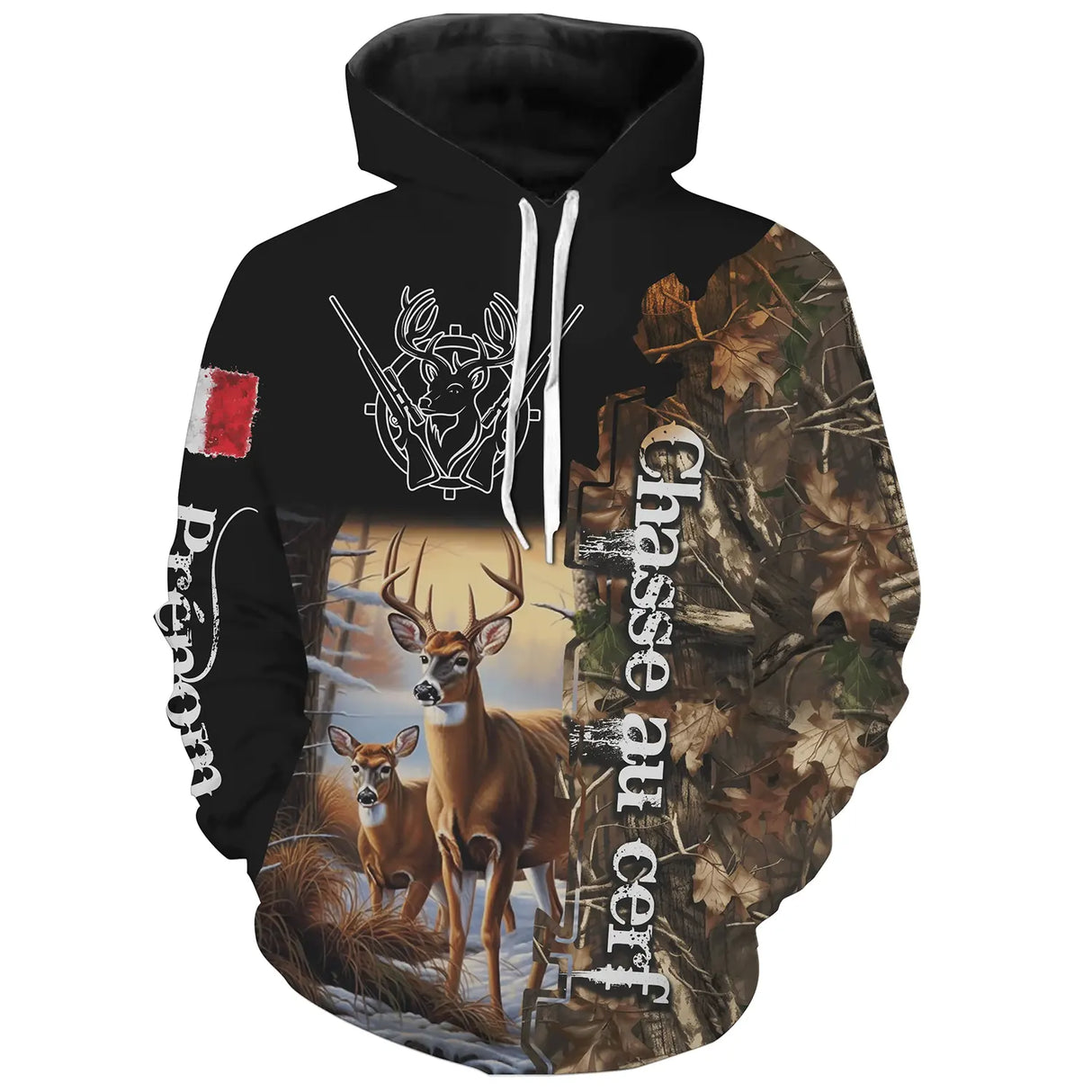 Sweat à capuche chasse cerf France, drapeau tricolore et scène en clairière, vêtement chaud pour chasseur français