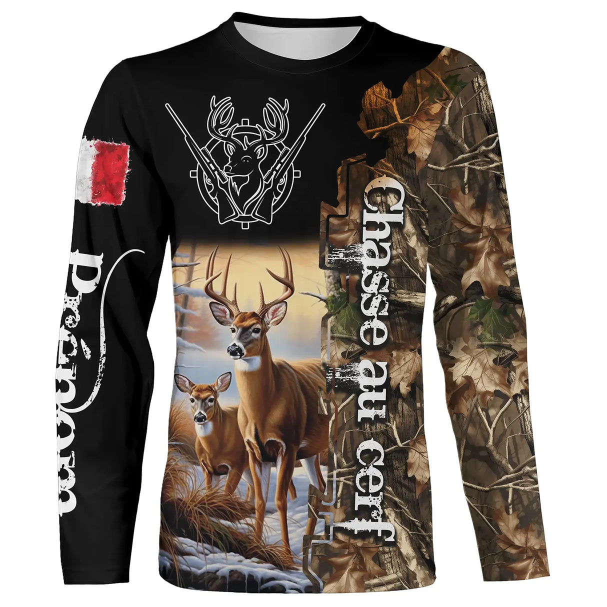 T-shirt chasse cerf France vue de face design patriotique drapeau et cerf, coupe unisexe personnalisable