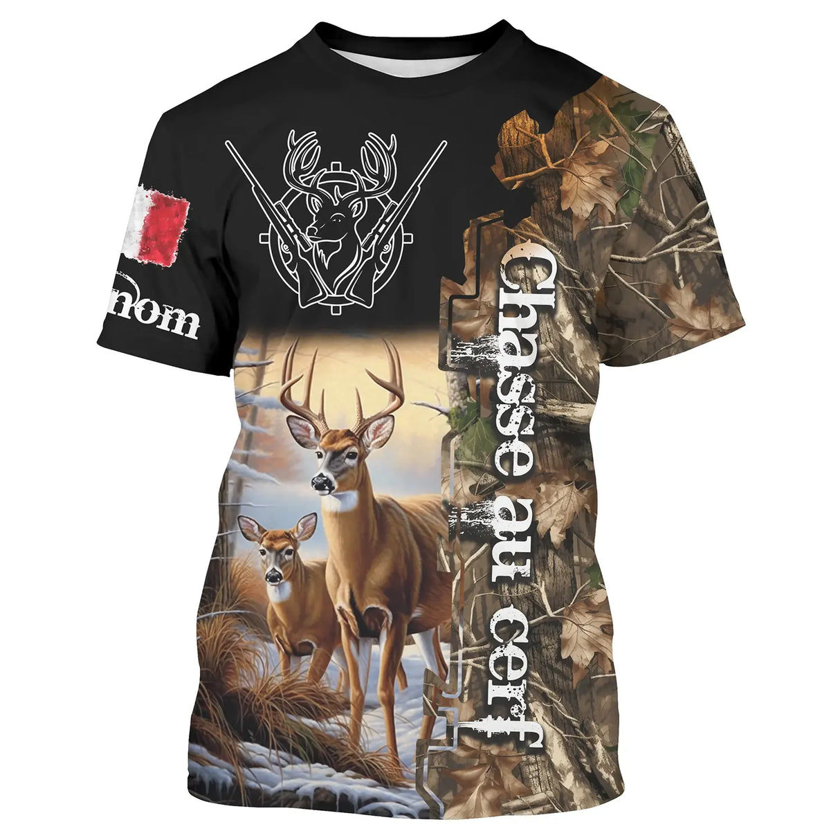 T-shirt chasse cerf France avec drapeau français tricolore au-dessus de cerf et faon en clairière sur fond camouflage brun