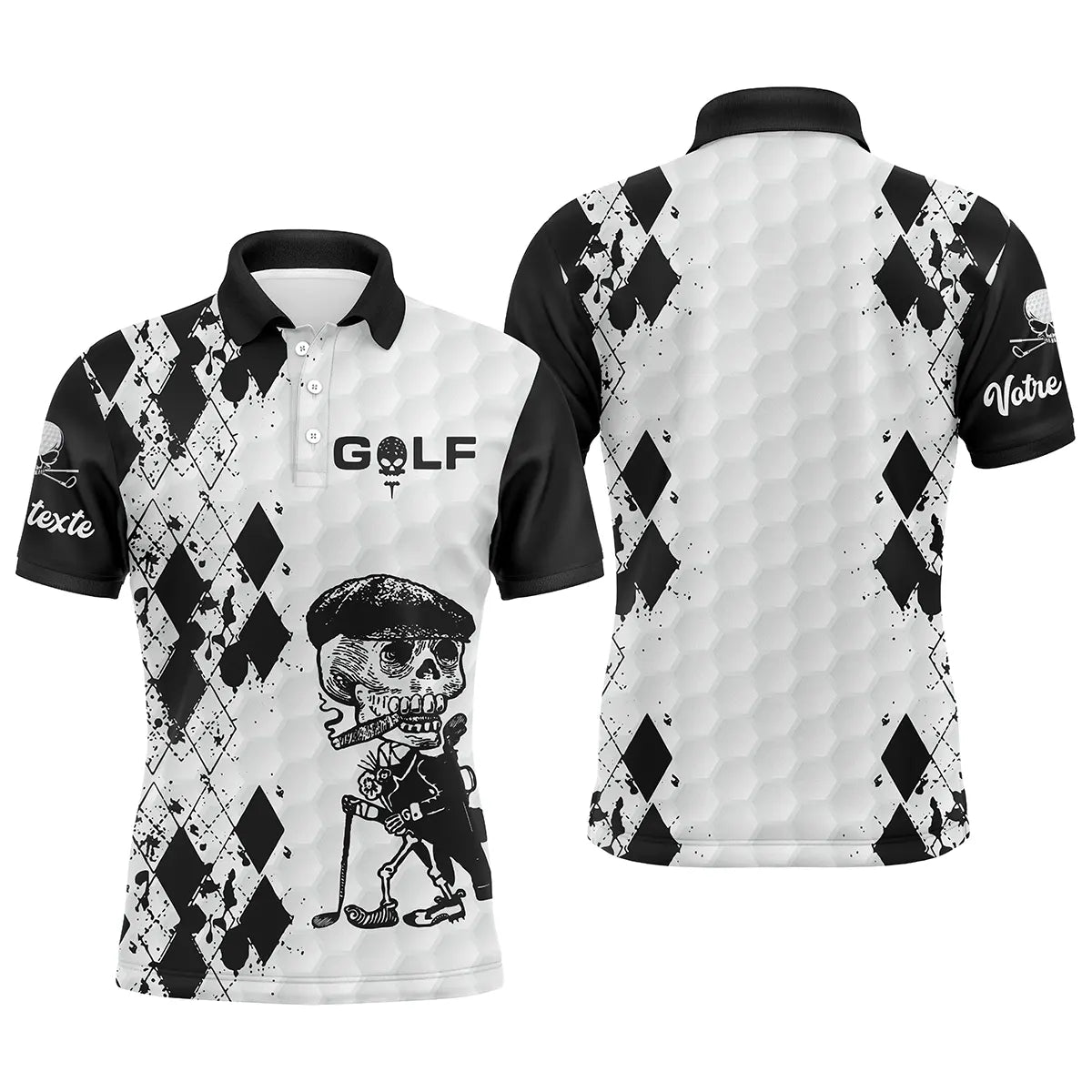 Polo golf homme femme all-over damier diamant noir blanc motif squelette golfeur swing club balle golf prénom personnalisé