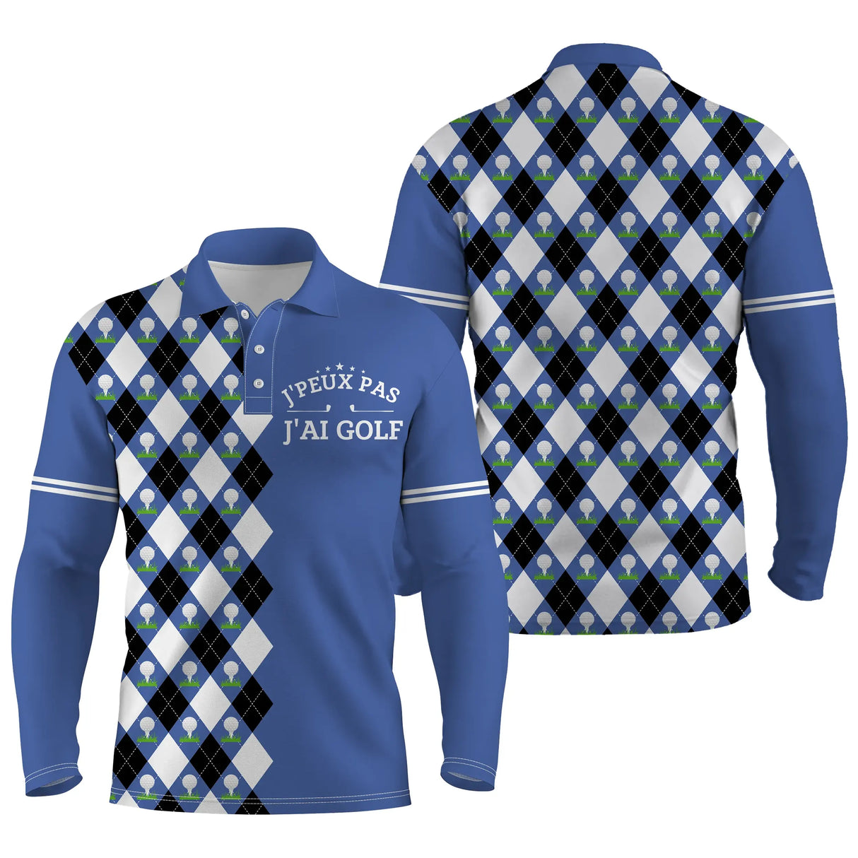 Polo manches longues golf unisexe bleu argyle losanges slogan J'peux Pas J'ai Golf tissu technique respirant