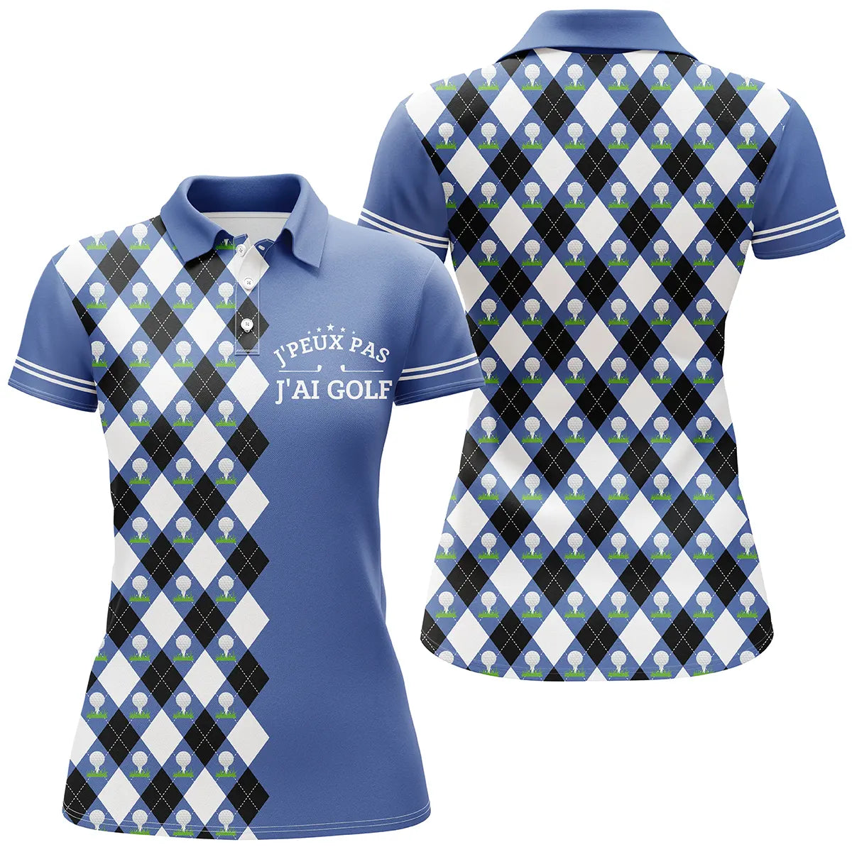 Polo golf femme bleu argyle losanges blanc noir slogan J'peux Pas J'ai Golf coupe cintrée tissu respirant