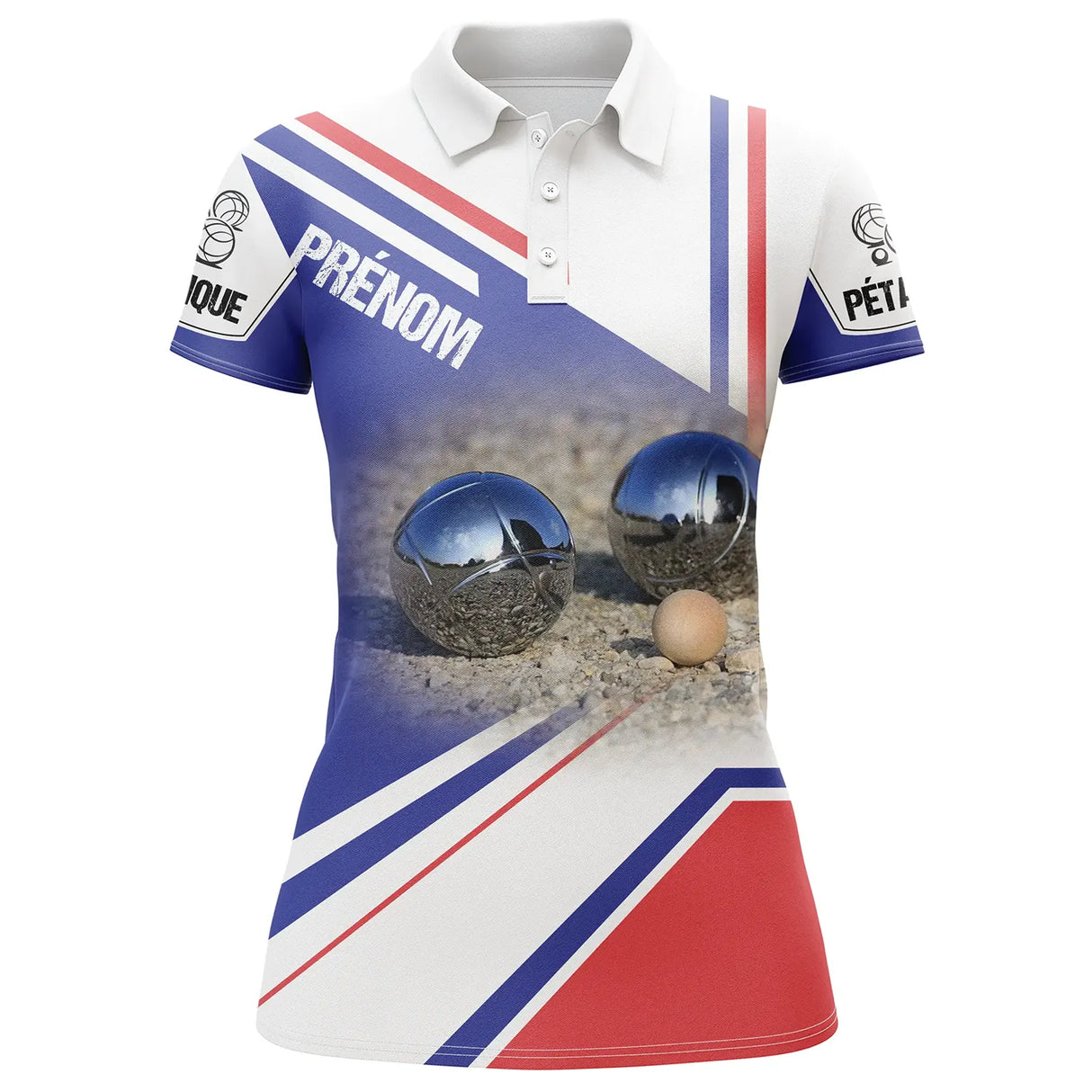Polo pétanque tricolore femme avec drapeau France, boules de pétanque et cochonnet beige, prénom personnalisé