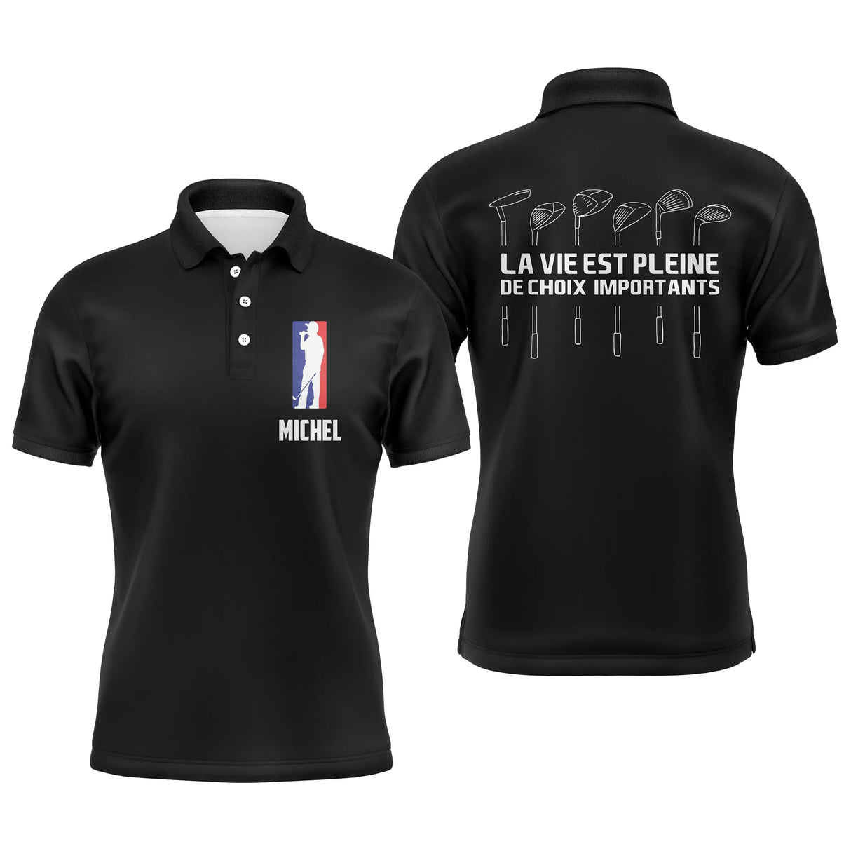 Polo de golf tricolore noir avec silhouette golfeur en swing dans un blason bleu marine blanc et rouge, prénom brodé sous le