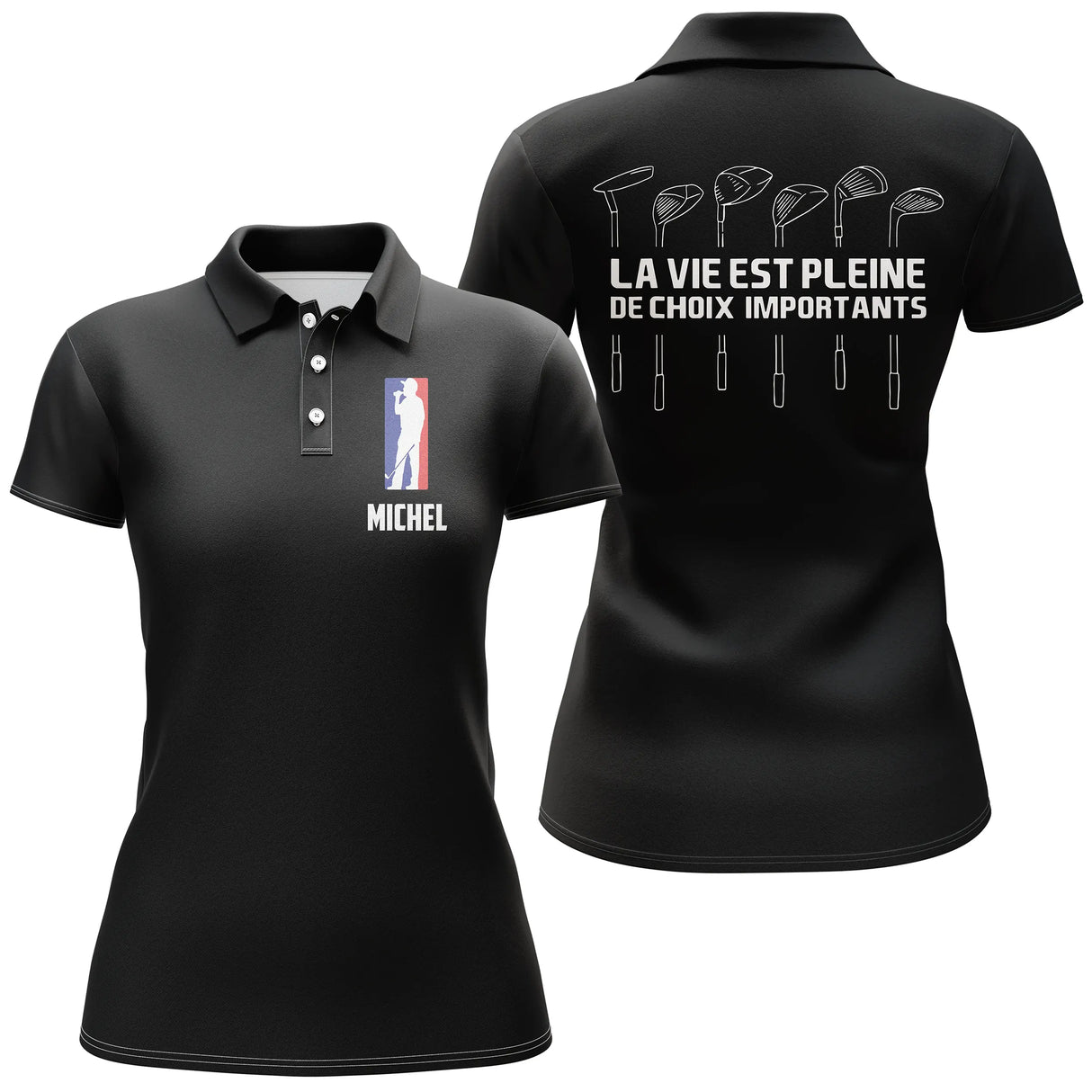 Polo golf tricolore vue de face design noir avec blason silhouette, coupe homme et femme disponibles personnalisable