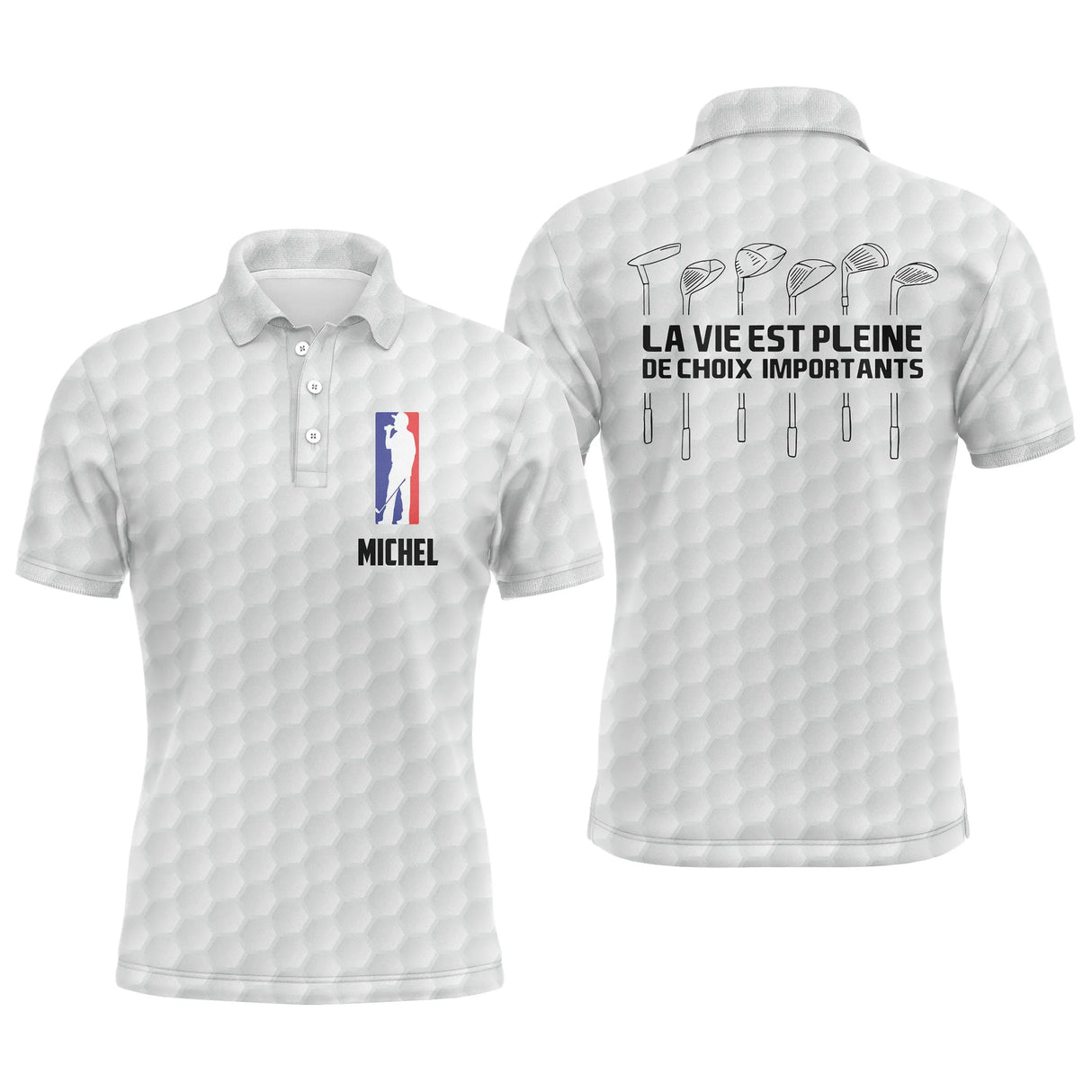 Polo de golf noir avec slogan La vie est pleine de choix importants au dos et silhouette tricolore golfeur au front, prénom