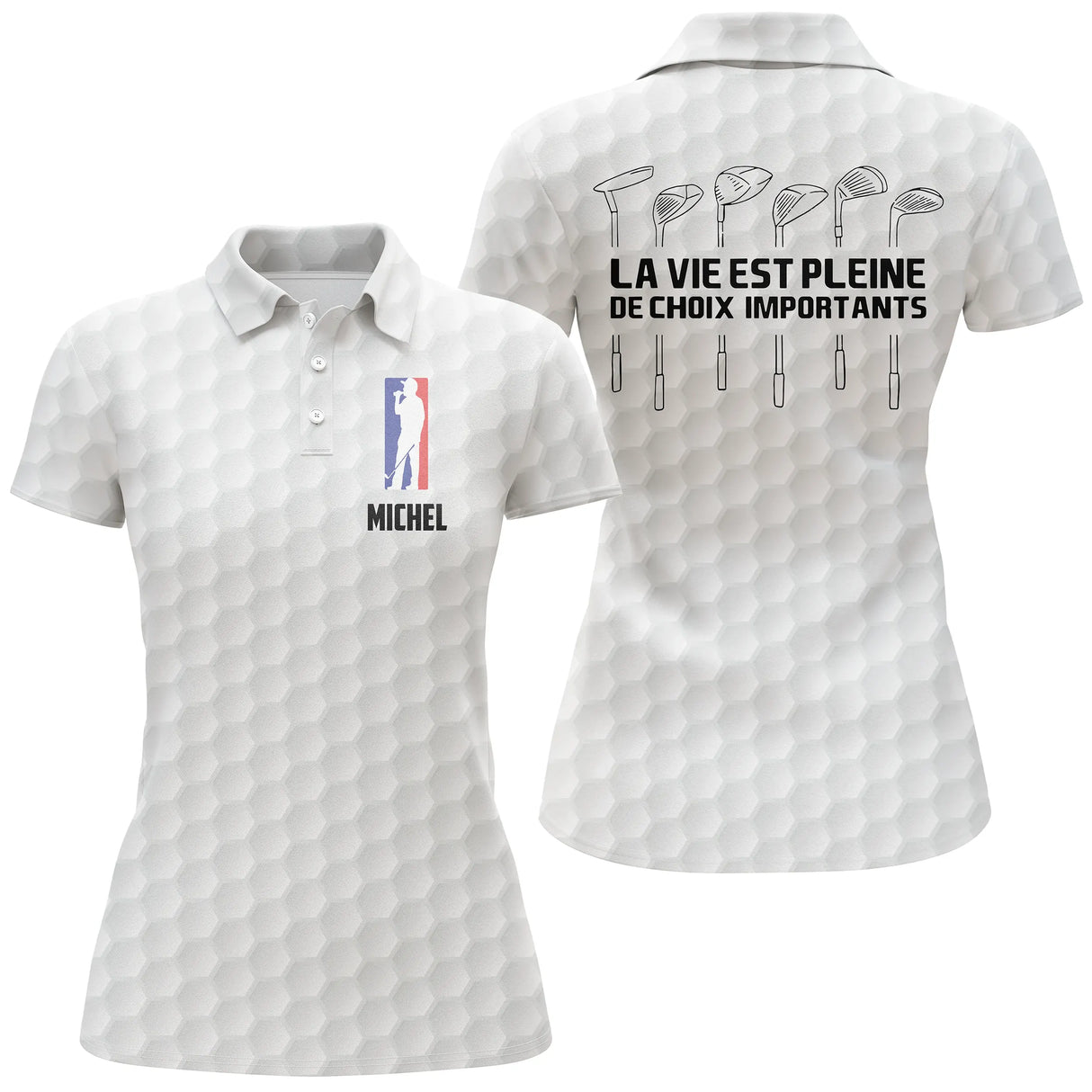 Polo golf noir vue de face silhouette tricolore golfeur et prénom brodé, coupe homme et femme personnalisable