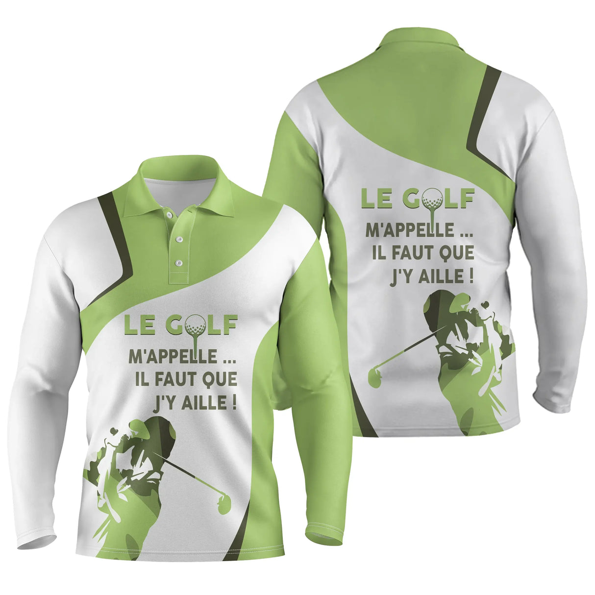 Polo golf humour vue de dos slogan Le Golf m appelle et silhouette golfeur, vêtement de sport pour passionné
