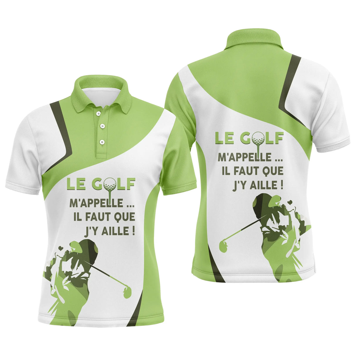 Polo de golf vert pomme et blanc avec slogan Le Golf m'appelle il faut que j'y aille au dos et silhouette golfeur en swing