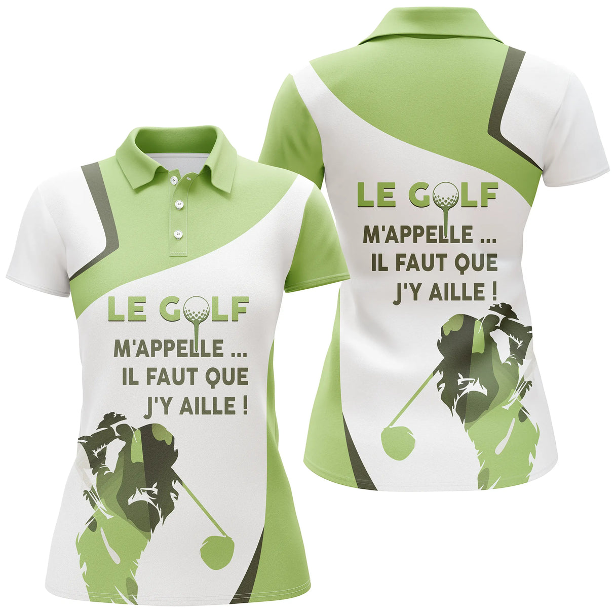 Polo golf vert vue de face design bicolore vert et blanc, coupe homme et femme disponibles humour golfeur