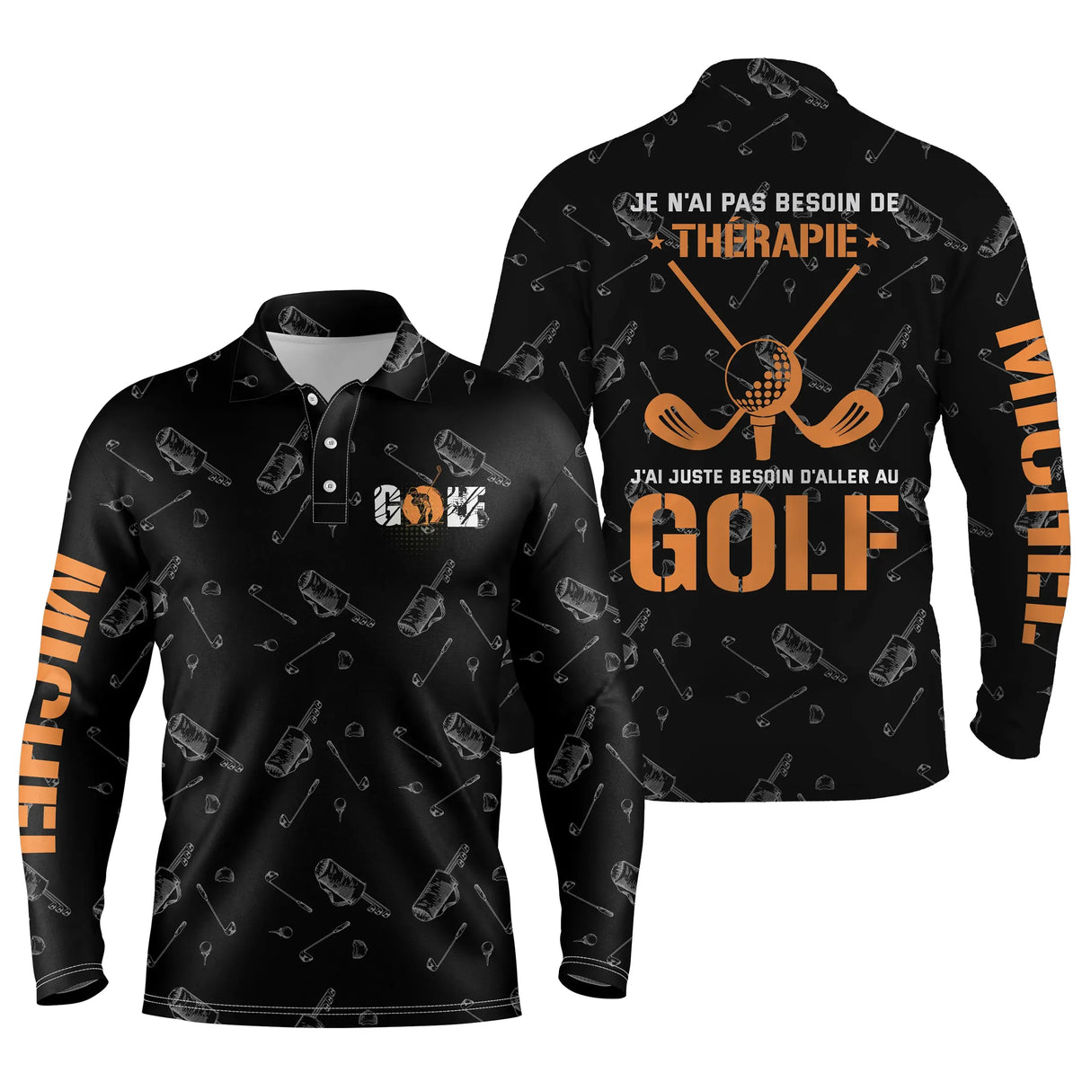 Polo golf humour vue de dos slogan thérapie golf en orange vif sur noir, vêtement de sport pour golfeur passionné