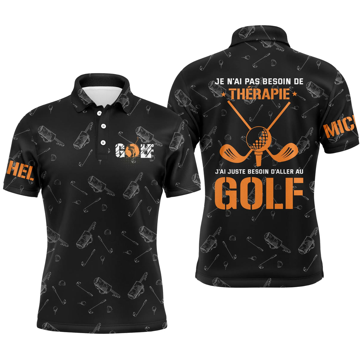 Polo de golf noir avec slogan Je n ai pas besoin de thérapie j ai besoin de golf en orange et cliques croisés au dos
