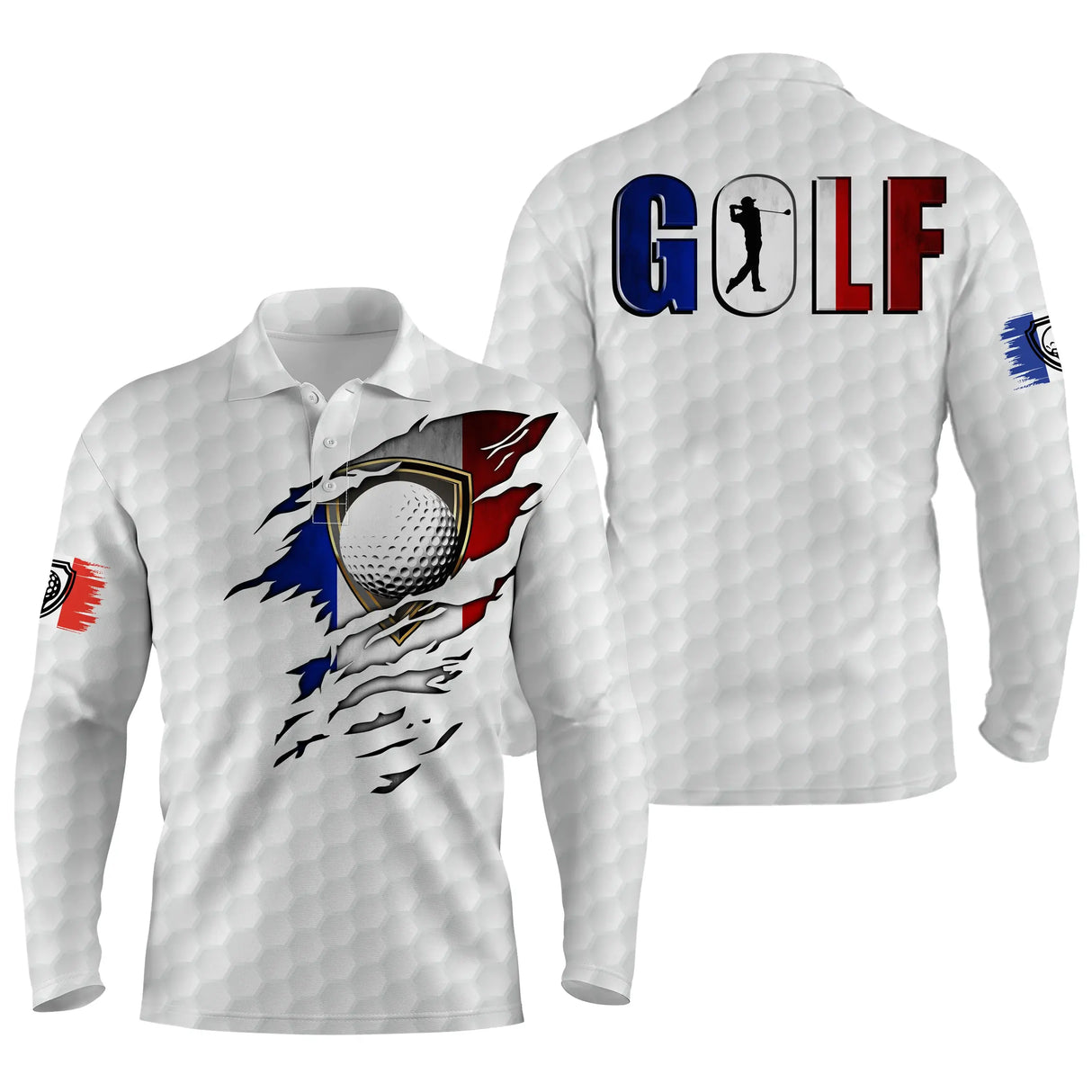 Polo golf manches longues unisexe drapeau France, tenue de parcours patriotique pour golfeur passionné