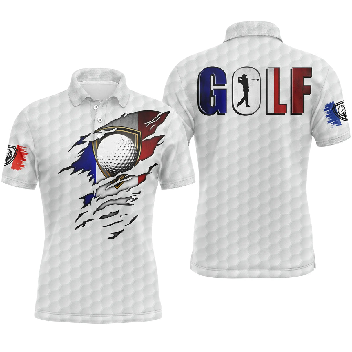 Polo golf France blanc bleu rouge avec lettrage GOLF tricolore et balle de golf drapeau français, design patriotique