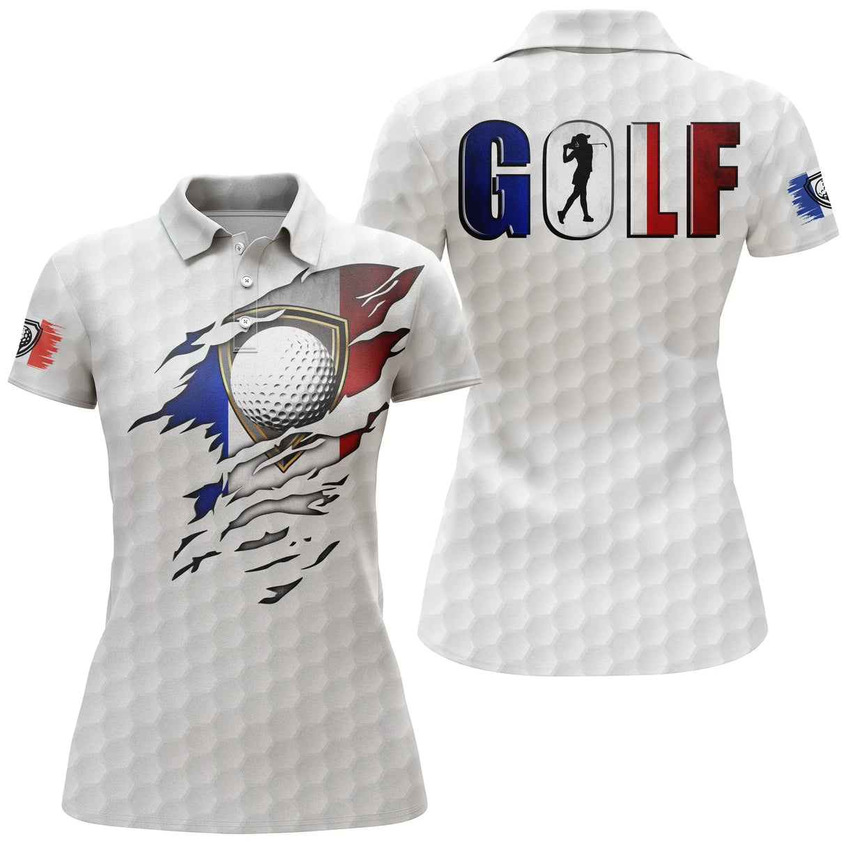 Polo golf homme femme manches courtes design tricolore, balle de golf et silhouette golfeur en swing