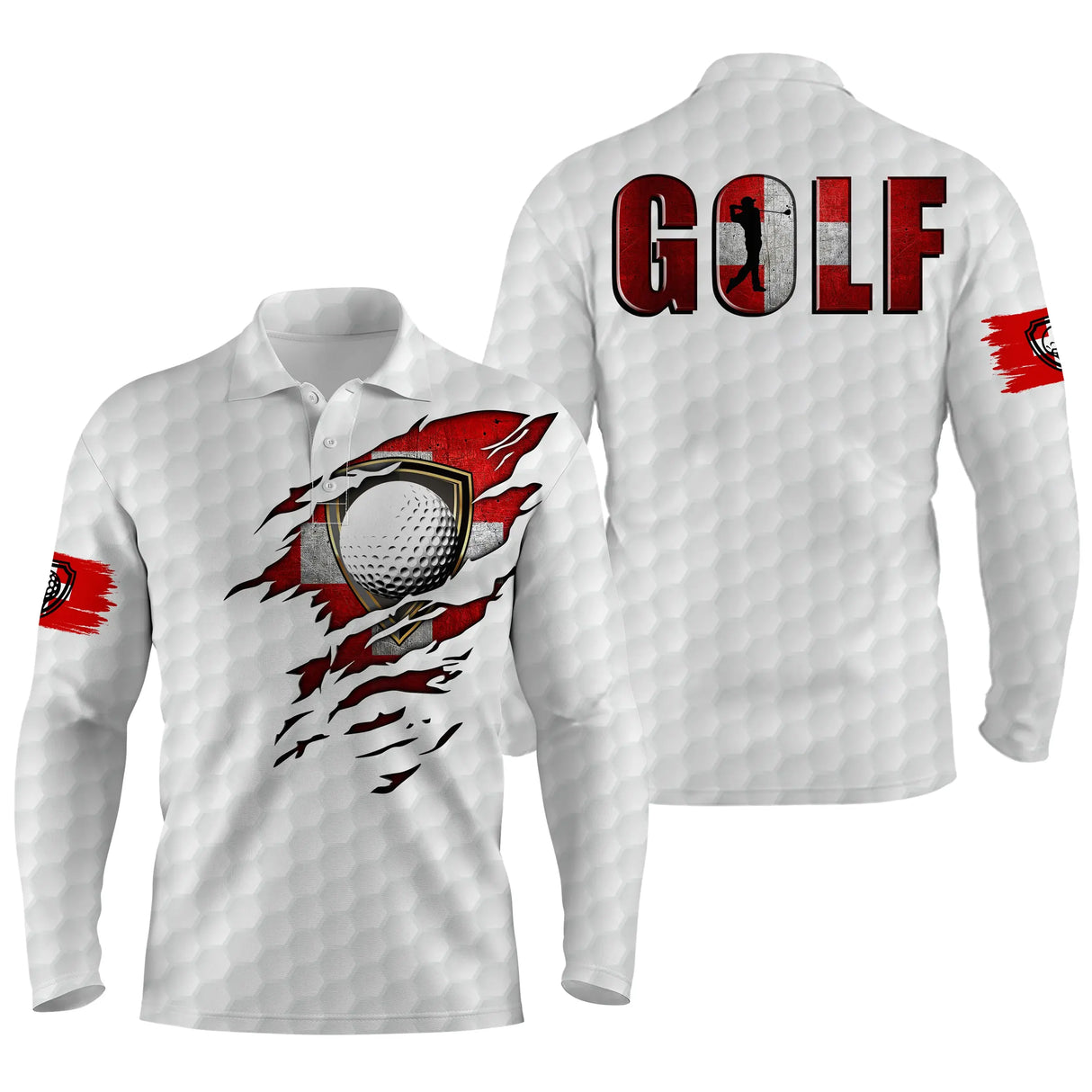 Polo golf blanc variante coloris GOLF rouge balle réaliste drapeau suisse rouge croix blanche