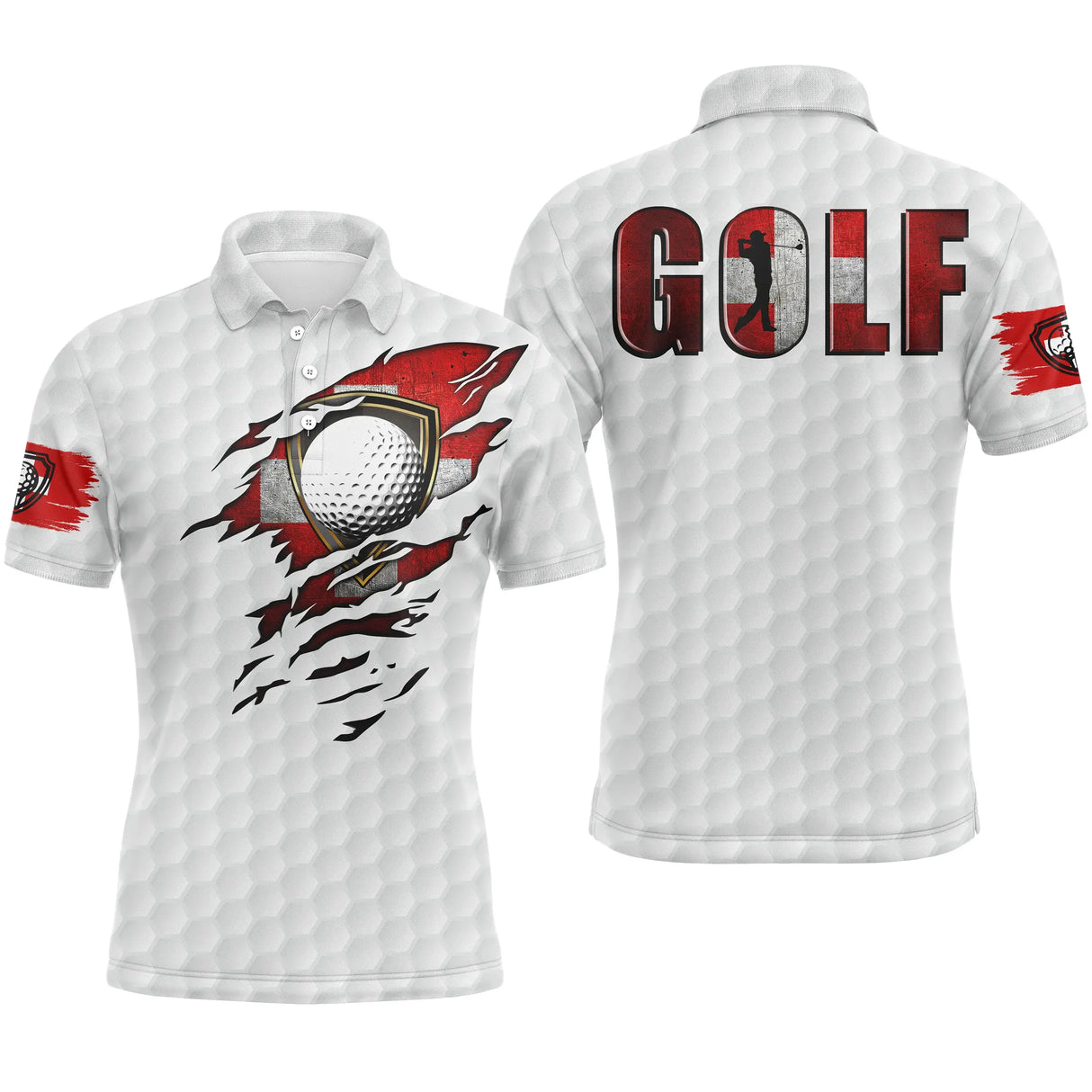 Polo golf blanc texture golf-ball inscription GOLF rouge déchirée balle réaliste drapeau suisse manche